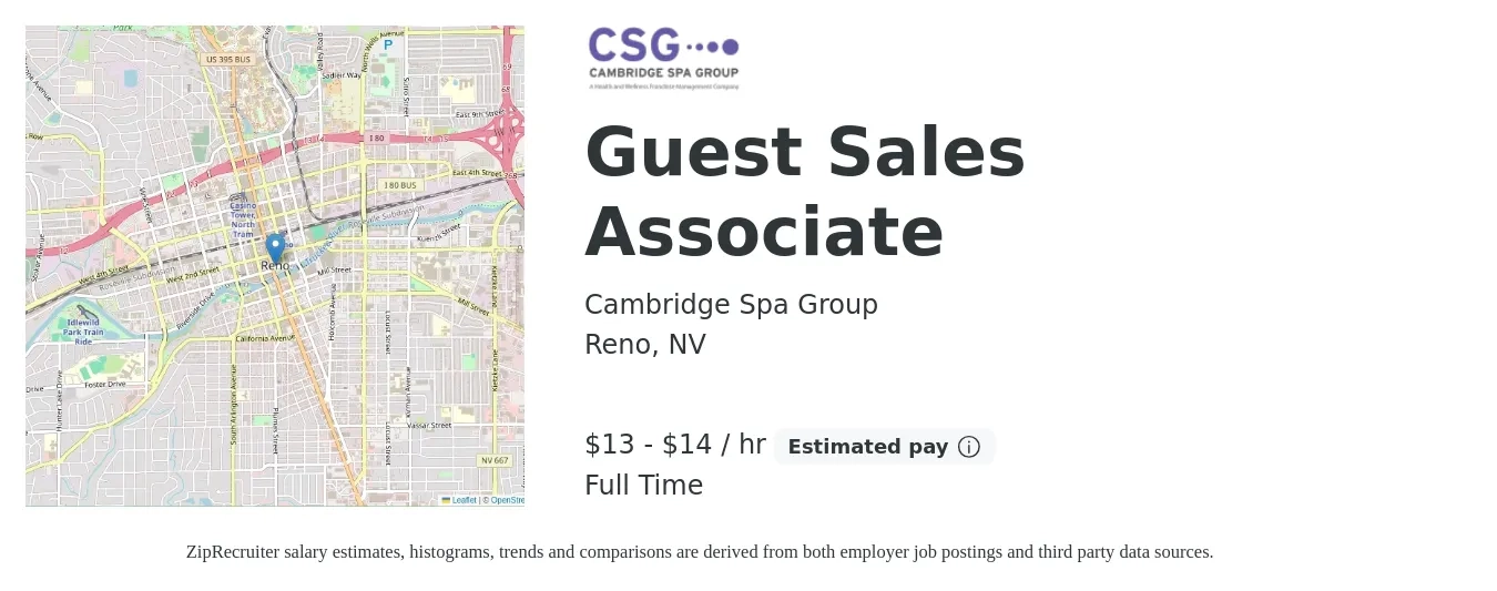 Cambridge Spa Group job posting for a Guest Sales Associate in Reno, NV with a salary of $14 to $16 Hourly (plus commission) and benefits including medical, pto, vision, dental, and life_insurance with a map of Reno location.