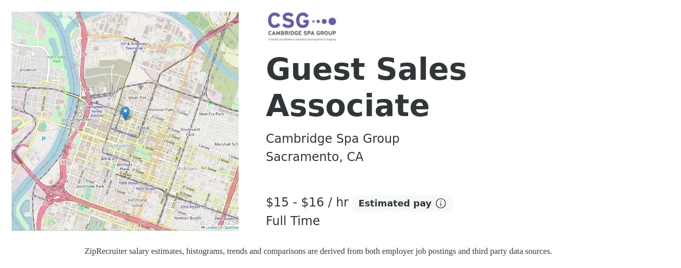 Cambridge Spa Group job posting for a Guest Sales Associate in Sacramento, CA with a salary of $16 to $17 Hourly with a map of Sacramento location.