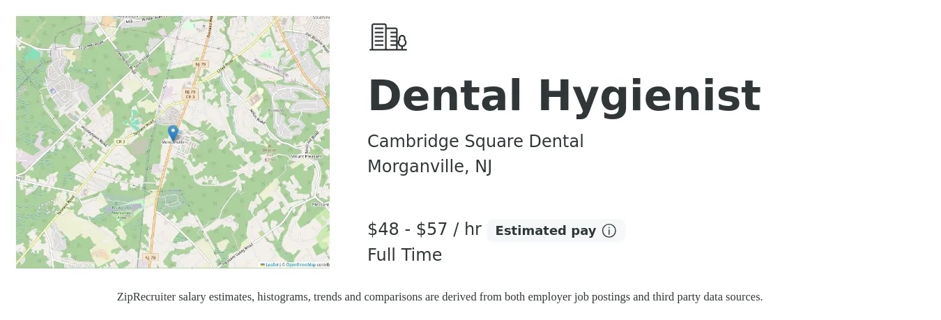 Cambridge Square Dental job posting for a Dental Hygienist in Morganville, NJ with a salary of $38 to $50 Hourly with a map of Morganville location.