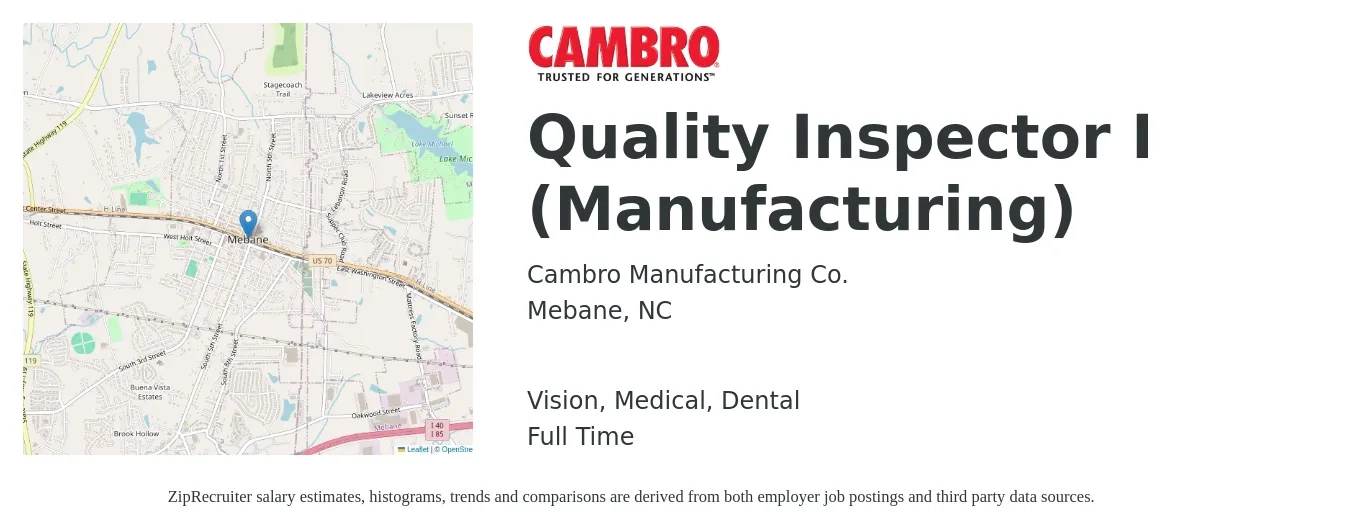 Cambro Manufacturing Co. job posting for a Quality Inspector I (Manufacturing) in Mebane, NC with a salary of $14 to $21 Hourly and benefits including life_insurance, medical, retirement, vision, and dental with a map of Mebane location.