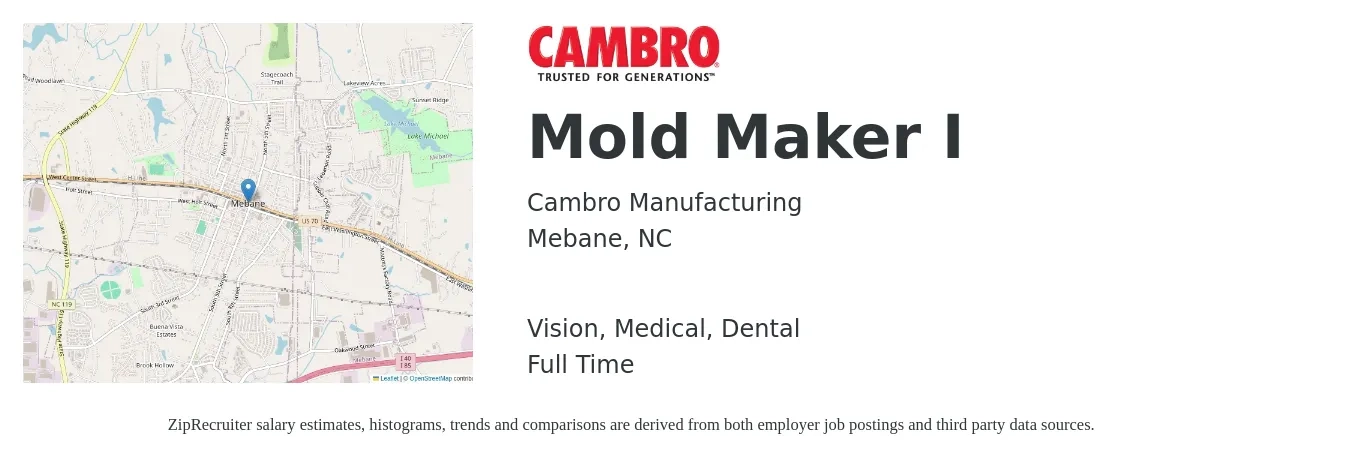 Cambro Manufacturing Co. job posting for a Mold Maker I in Mebane, NC with a salary of $19 to $30 Hourly and benefits including dental, life_insurance, medical, retirement, and vision with a map of Mebane location.