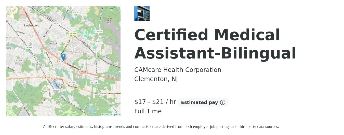CAMcare Health Corporation job posting for a Certified Medical Assistant-Bilingual in Clementon, NJ with a salary of $18 to $22 Hourly with a map of Clementon location.