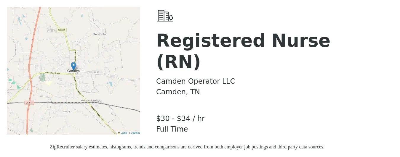 Camden Operator LLC job posting for a Registered Nurse (RN) in Camden, TN with a salary of $32 to $36 Hourly with a map of Camden location.