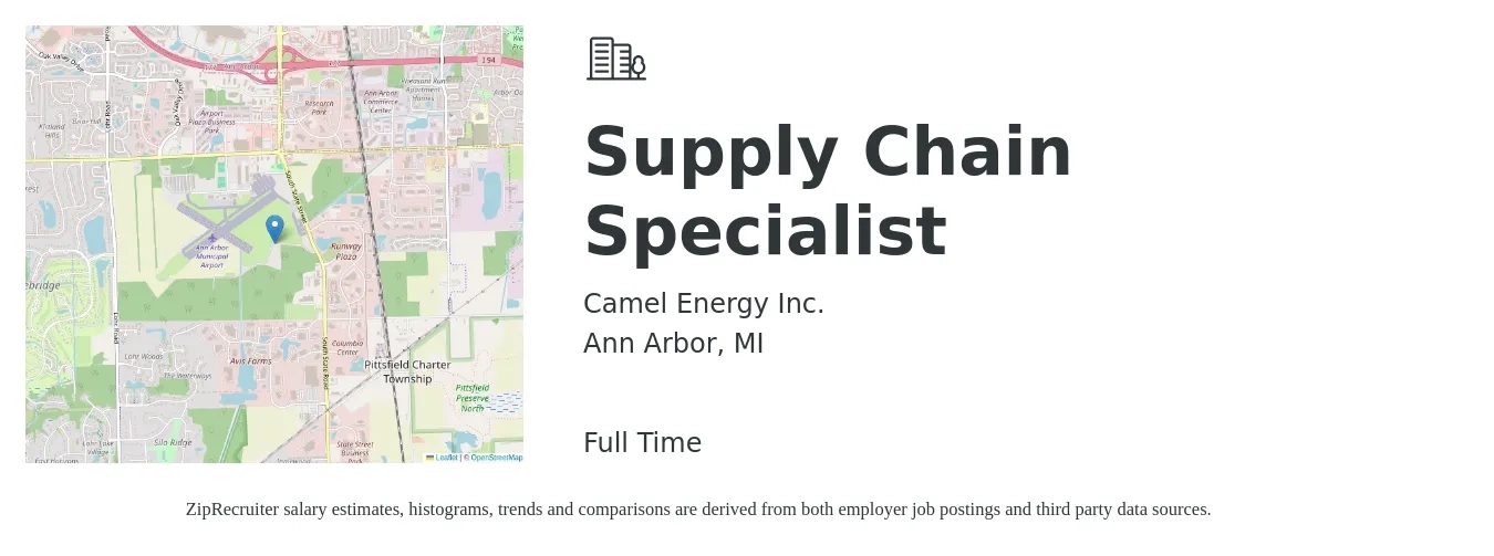 Camel Energy Inc. job posting for a Supply Chain Specialist in Ann Arbor, MI with a salary of $25 to $40 Hourly with a map of Ann Arbor location.