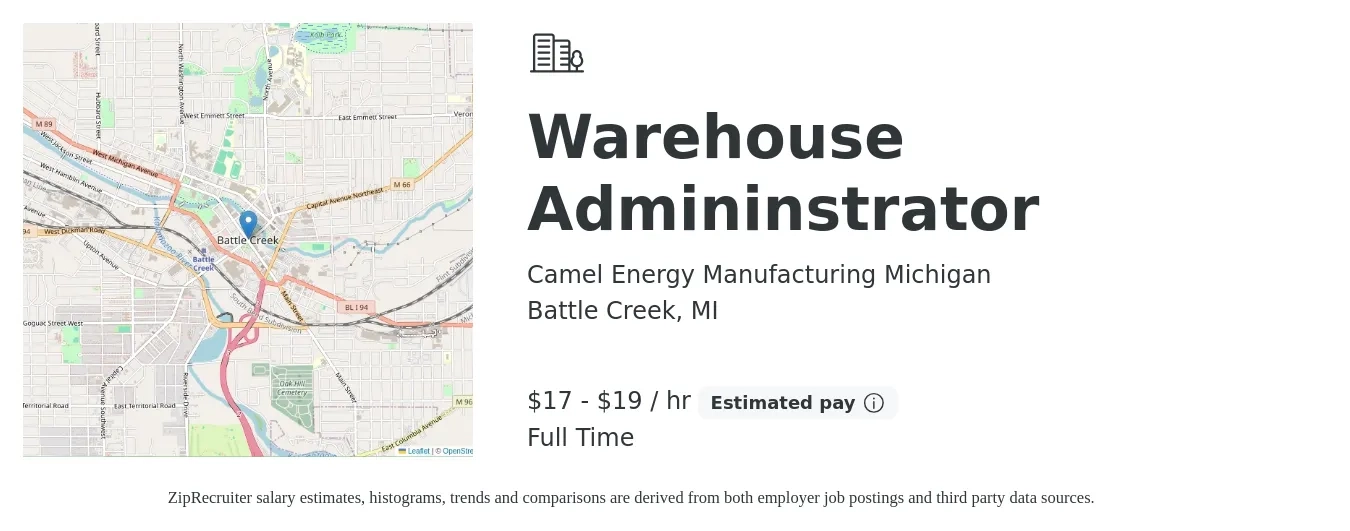 Camel Energy Manufacturing Michigan job posting for a Warehouse Admininstrator in Battle Creek, MI with a salary of $18 to $20 Hourly with a map of Battle Creek location.