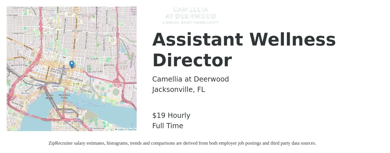 Camellia at Deerwood job posting for a Assistant Wellness Director in Jacksonville, FL with a salary of $20 Hourly with a map of Jacksonville location.