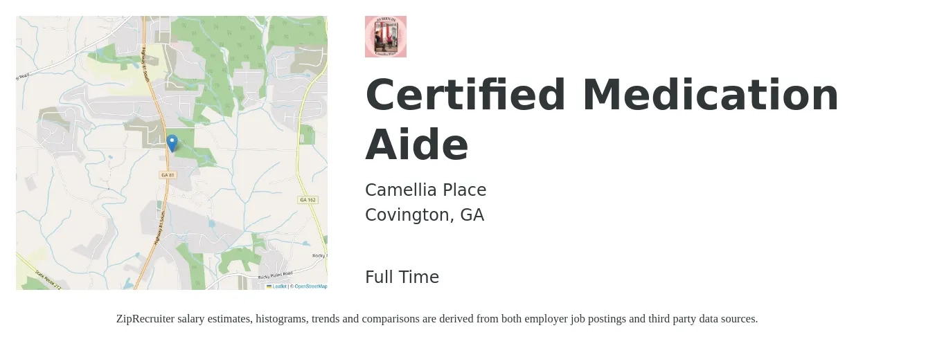 Camellia Place job posting for a Certified Medication Aide in Covington, GA with a salary of $14 to $17 Hourly with a map of Covington location.