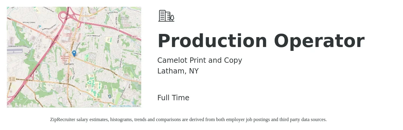 Camelot Print and Copy job posting for a Production Operator in Latham, NY with a salary of $19 to $25 Hourly with a map of Latham location.