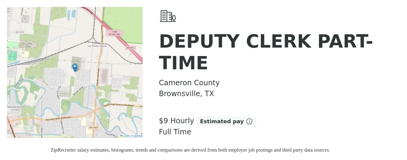 Cameron County job posting for a DEPUTY CLERK PART-TIME in Brownsville, TX with a salary of $10 Hourly with a map of Brownsville location.