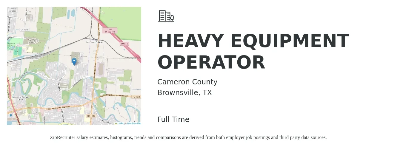 Cameron County job posting for a HEAVY EQUIPMENT OPERATOR in Brownsville, TX with a salary of $34,175 Yearly with a map of Brownsville location.