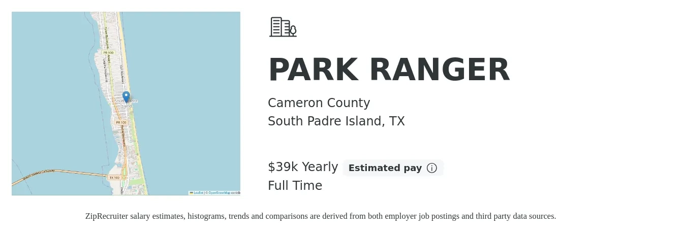 Cameron County job posting for a PARK RANGER in South Padre Island, TX with a salary of $39,562 Yearly with a map of South Padre Island location.