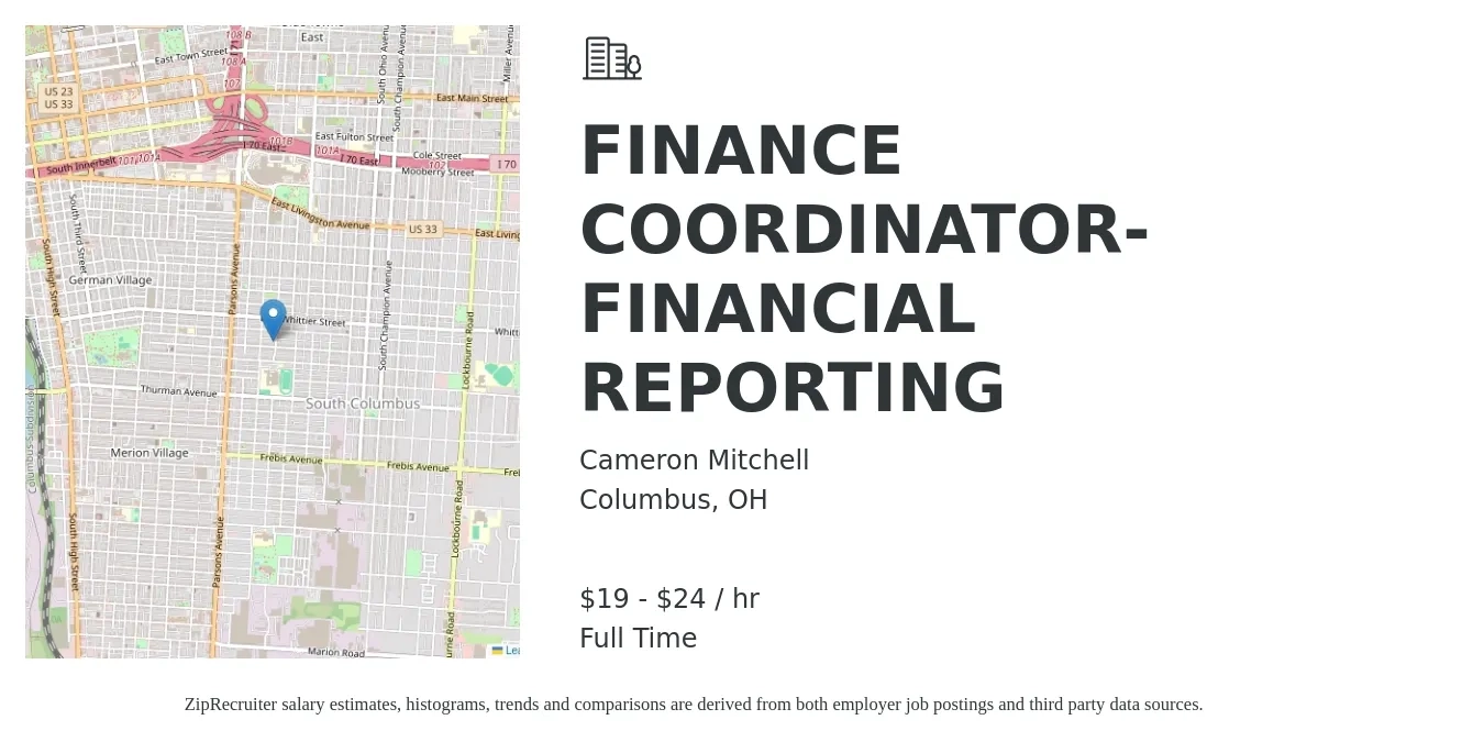 Cameron Mitchell job posting for a FINANCE COORDINATOR- FINANCIAL REPORTING in Columbus, OH with a salary of $20 to $25 Hourly with a map of Columbus location.
