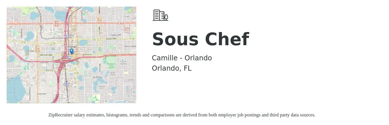 Camille - Orlando job posting for a Sous Chef in Orlando, FL with a salary of $46,700 to $63,000 Yearly with a map of Orlando location.