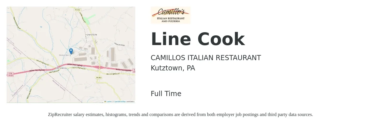 CAMILLOS ITALIAN RESTAURANT job posting for a Line Cook in Kutztown, PA with a salary of $15 to $18 Hourly with a map of Kutztown location.