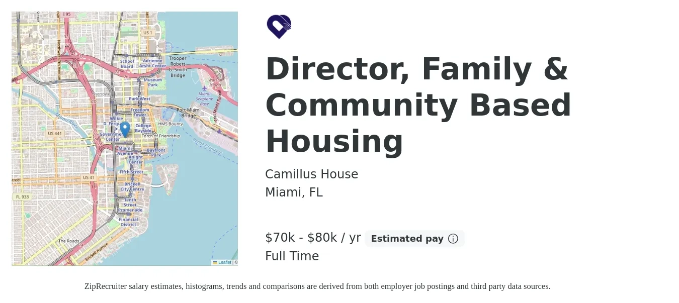 Camillus House job posting for a Director, Family & Community Based Housing in Miami, FL with a salary of $70,000 to $80,000 Yearly with a map of Miami location.