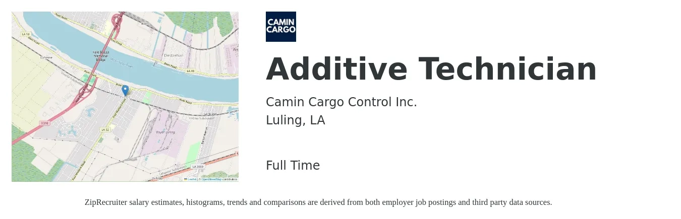 Camin Cargo Control Inc. job posting for a Additive Technician in Luling, LA with a salary of $34,100 to $34,600 Yearly with a map of Luling location.