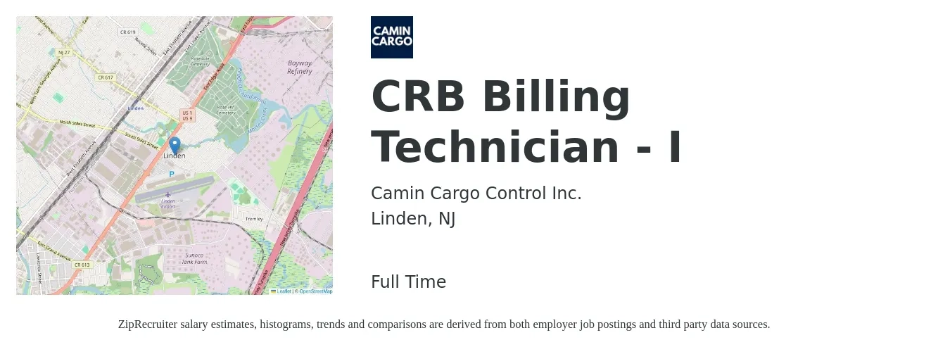 Camin Cargo Control Inc. job posting for a CRB Billing Technician - I in Linden, NJ with a salary of $19 to $24 Hourly with a map of Linden location.