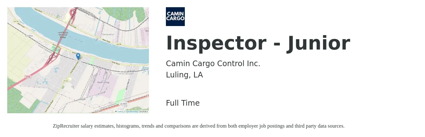 Camin Cargo Control Inc. job posting for a Inspector - Junior in Luling, LA with a salary of $18 to $27 Hourly with a map of Luling location.