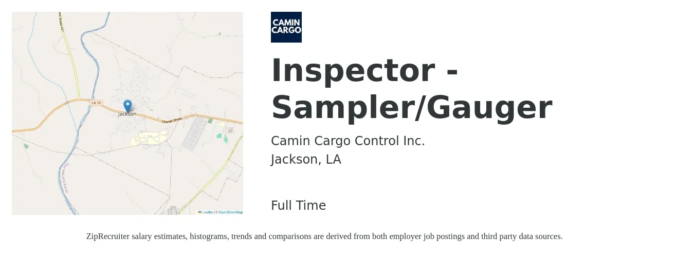 Camin Cargo Control Inc. job posting for a Inspector - Sampler/Gauger in Jackson, LA with a salary of $35,200 to $58,000 Yearly with a map of Jackson location.