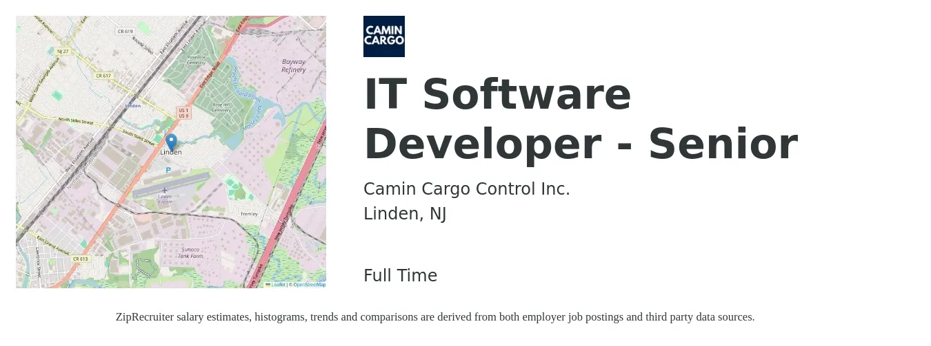 Camin Cargo Control Inc. job posting for a IT Software Developer - Senior in Linden, NJ with a salary of $56 to $74 Hourly with a map of Linden location.