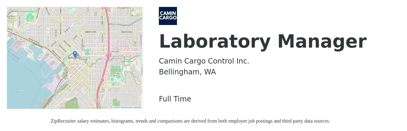 Camin Cargo Control Inc. job posting for a Laboratory Manager in Bellingham, WA with a salary of $66,700 to $105,800 Yearly with a map of Bellingham location.