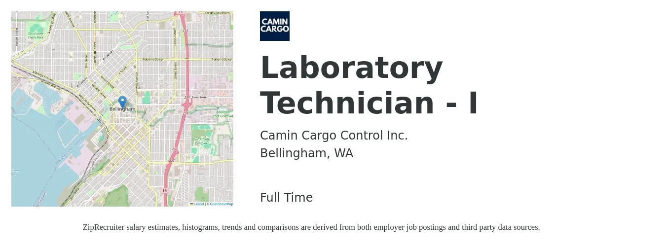 Camin Cargo Control Inc. job posting for a Laboratory Technician - I in Bellingham, WA with a salary of $18 to $24 Hourly with a map of Bellingham location.