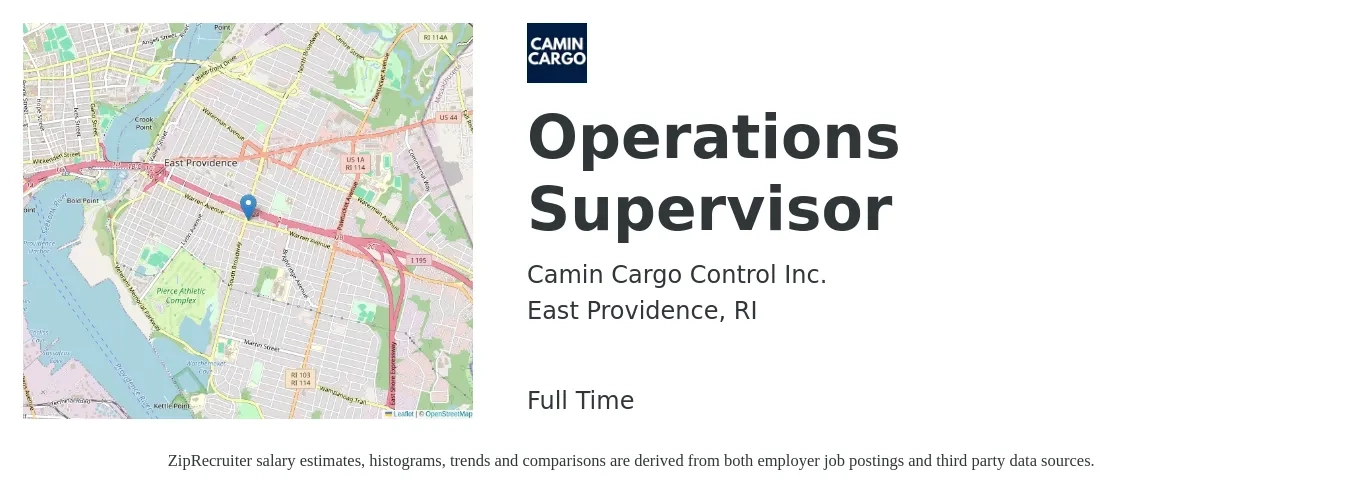 Camin Cargo Control Inc. job posting for a Operations Supervisor in East Providence, RI with a salary of $41,300 to $78,100 Yearly with a map of East Providence location.