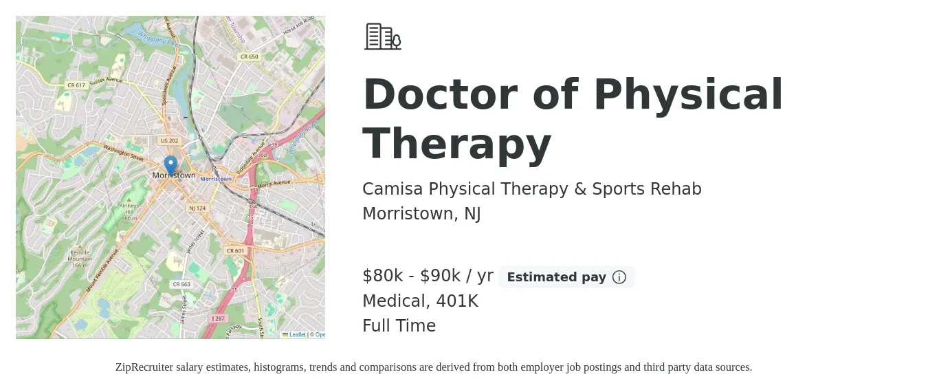 Camisa Physical Therapy & Sports Rehab job posting for a Doctor of Physical Therapy in Morristown, NJ with a salary of $80,000 to $90,000 Yearly and benefits including 401k, and medical with a map of Morristown location.