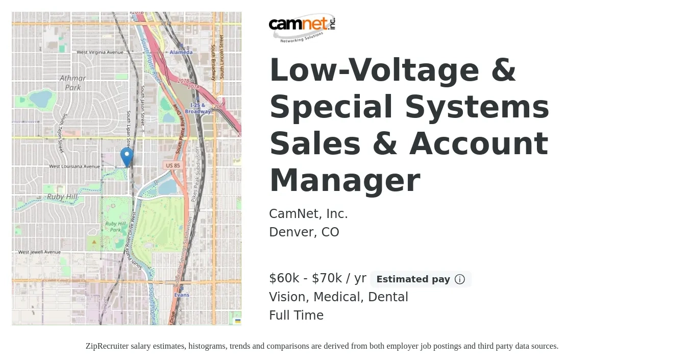 CamNet, Inc. job posting for a Low-Voltage & Special Systems Sales & Account Manager in Denver, CO with a salary of $52,000 to $82,300 Yearly and benefits including dental, life_insurance, medical, pto, retirement, and vision with a map of Denver location.