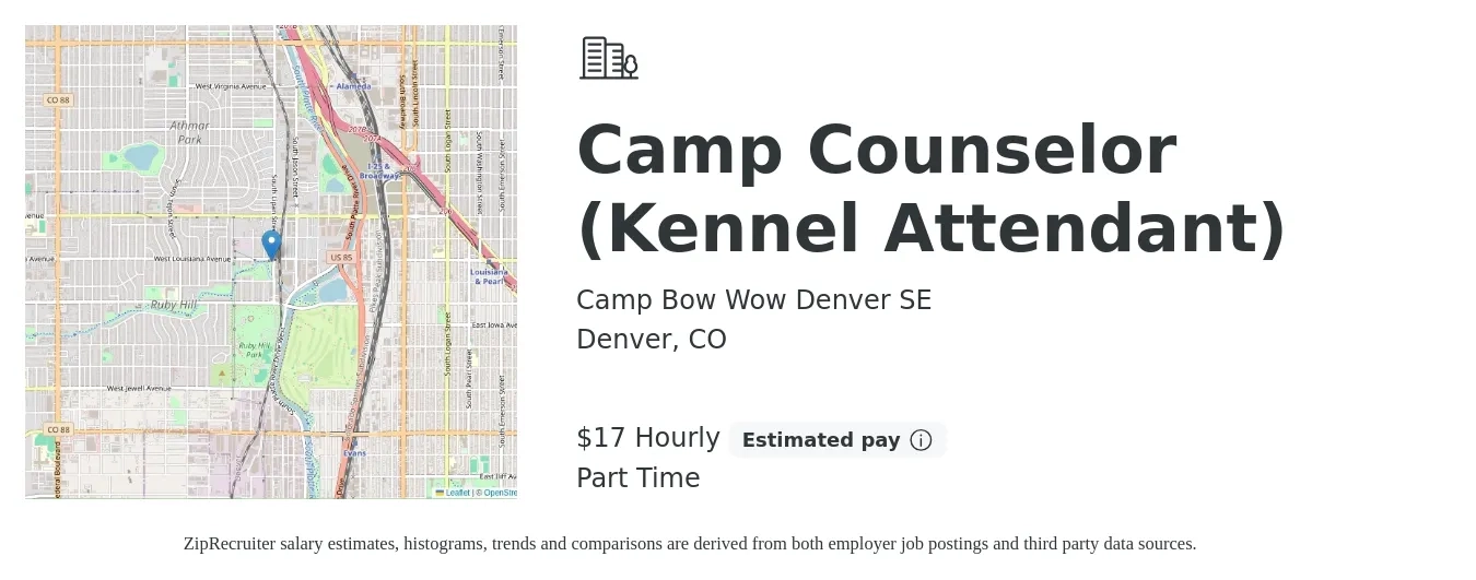 Camp Bow Wow Denver SE job posting for a Camp Counselor (Kennel Attendant) in Denver, CO with a salary of $18 Hourly and benefits including retirement with a map of Denver location.