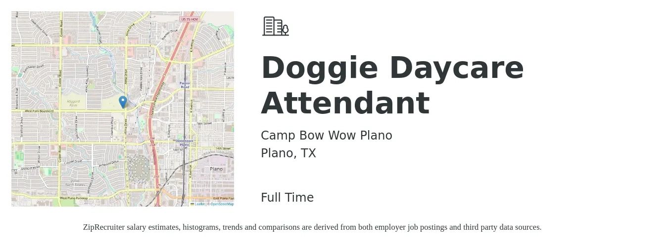 Camp Bow Wow Plano job posting for a Doggie Daycare Attendant in Plano, TX with a salary of $12 to $16 Hourly with a map of Plano location.