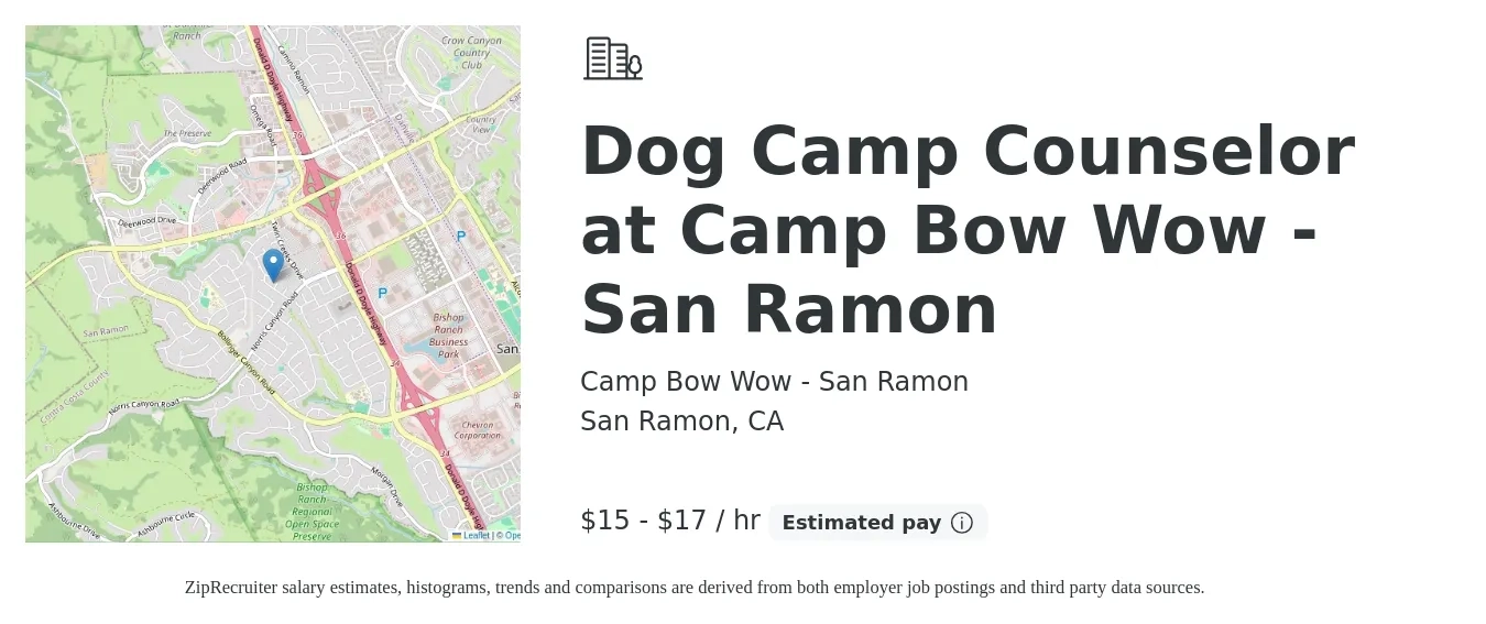 Camp Bow Wow - San Ramon job posting for a Dog Camp Counselor at Camp Bow Wow - San Ramon in San Ramon, CA with a salary of $16 to $18 Hourly with a map of San Ramon location.