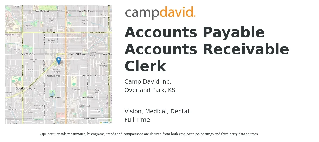 Camp David Inc. job posting for a Accounts Payable Accounts Receivable Clerk in Overland Park, KS with a salary of $19 to $25 Hourly and benefits including vision, dental, life_insurance, medical, and retirement with a map of Overland Park location.