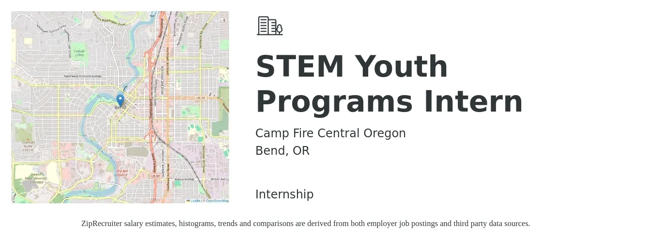 Camp Fire Central Oregon job posting for a STEM Youth Programs Intern in Bend, OR with a salary of $3,400 Weekly with a map of Bend location.