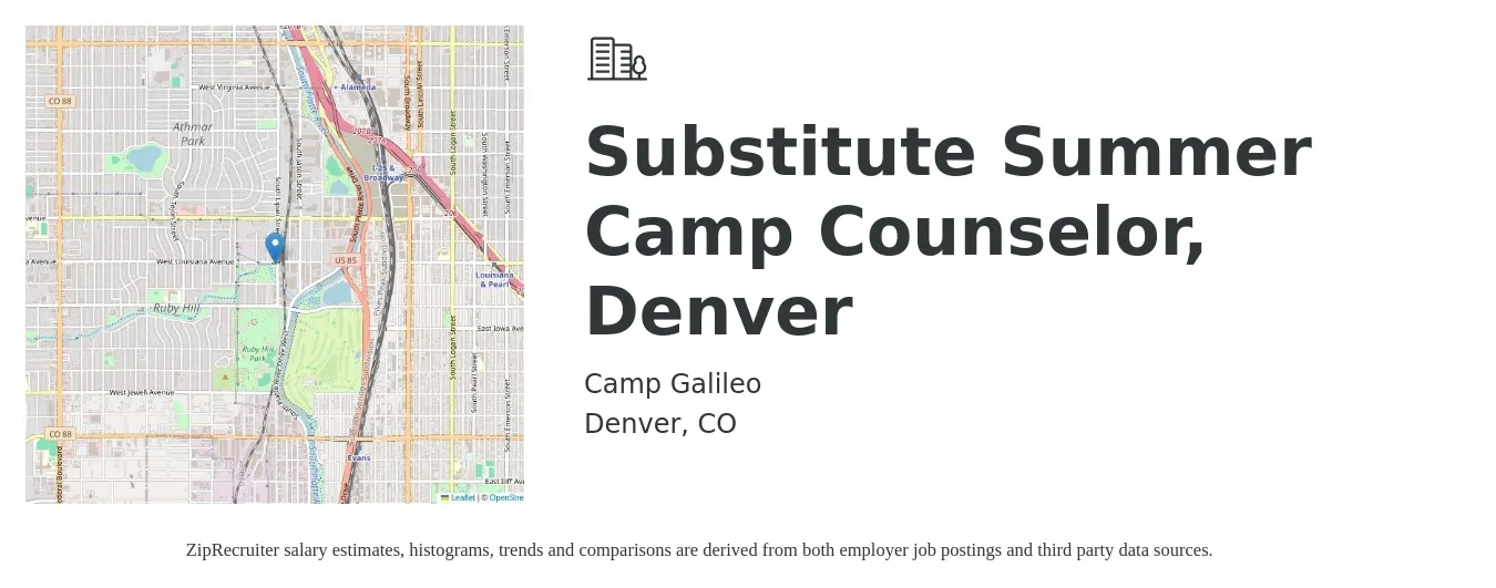 Camp Galileo job posting for a Substitute Summer Camp Counselor, Denver in Denver, CO with a salary of $14 to $19 Hourly with a map of Denver location.