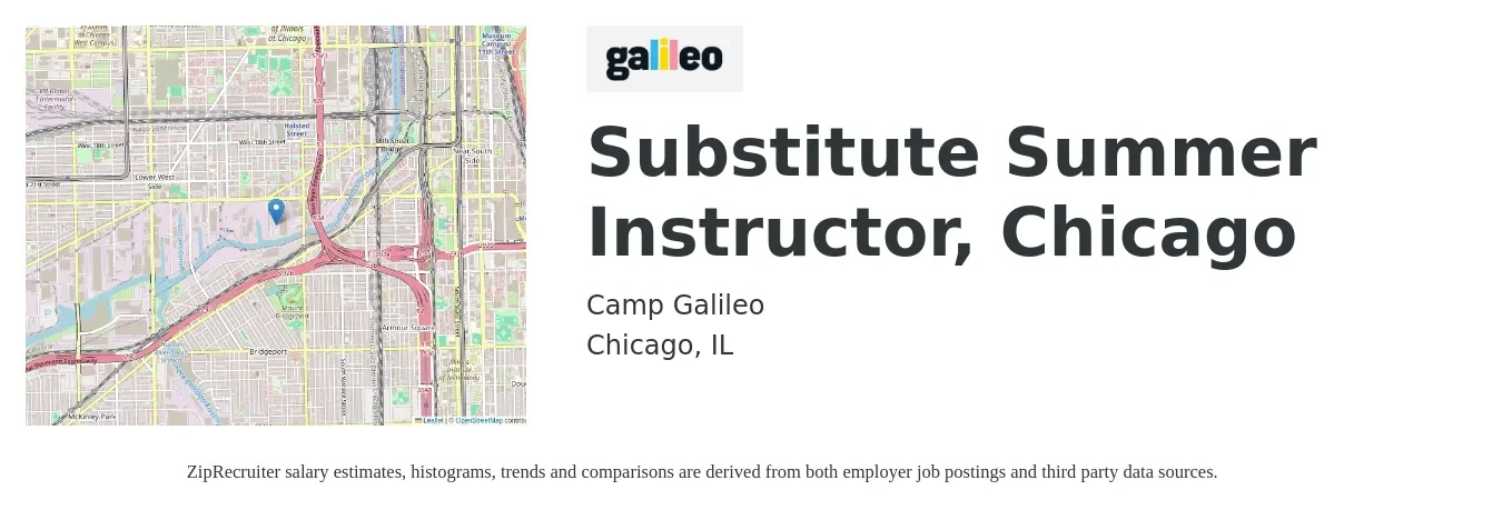 Camp Galileo job posting for a Substitute Summer Instructor, Chicago in Chicago, IL with a salary of $128 to $206 Daily with a map of Chicago location.