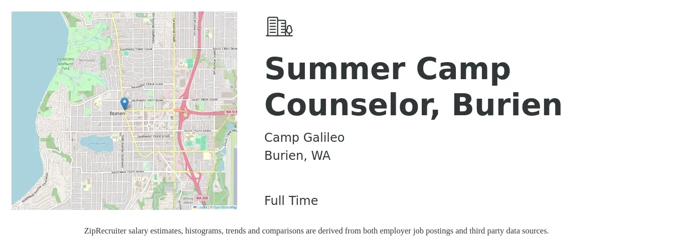 Camp Galileo job posting for a Summer Camp Counselor, Burien in Burien, WA with a salary of $16 to $21 Hourly with a map of Burien location.