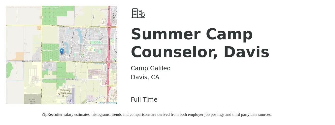 Camp Galileo job posting for a Summer Camp Counselor, Davis in Davis, CA with a salary of $15 to $20 Hourly with a map of Davis location.