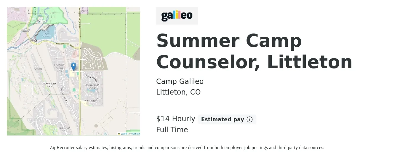 Camp Galileo job posting for a Summer Camp Counselor, Littleton in Littleton, CO with a salary of $15 Hourly with a map of Littleton location.