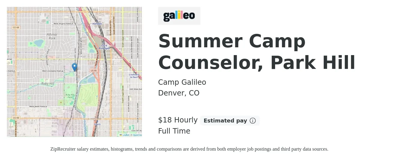 Camp Galileo job posting for a Summer Camp Counselor, Park Hill in Denver, CO with a salary of $19 Hourly with a map of Denver location.