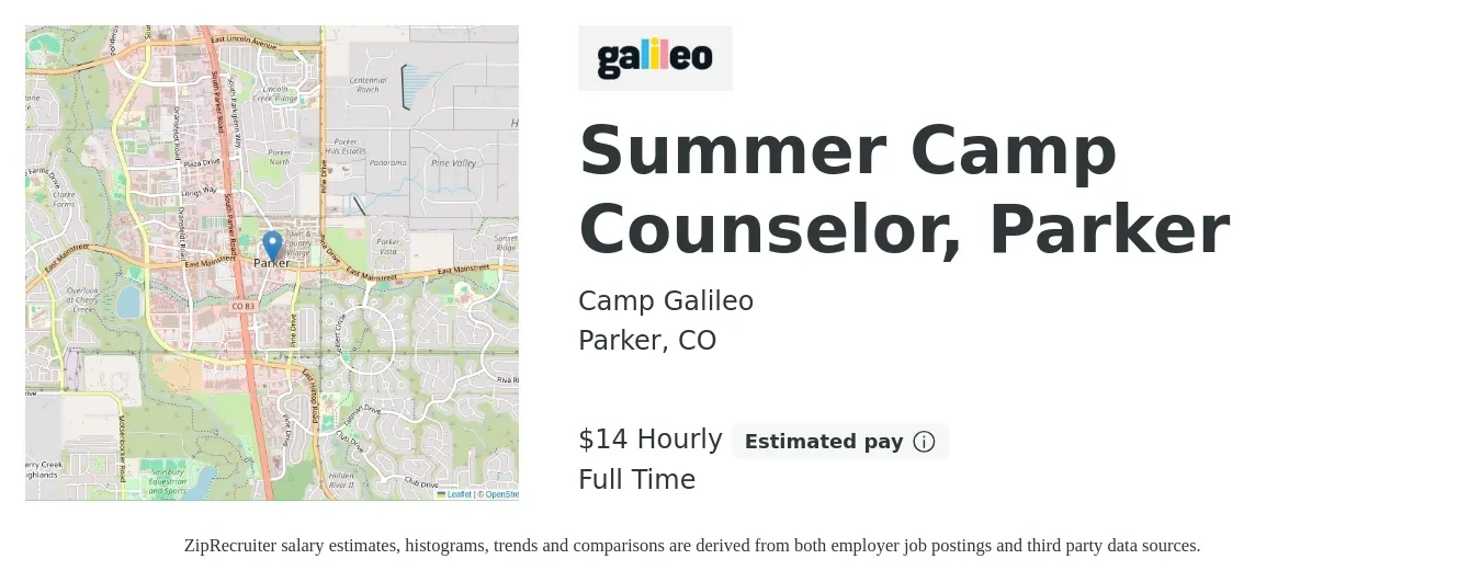 Camp Galileo job posting for a Summer Camp Counselor, Parker in Parker, CO with a salary of $15 Hourly with a map of Parker location.