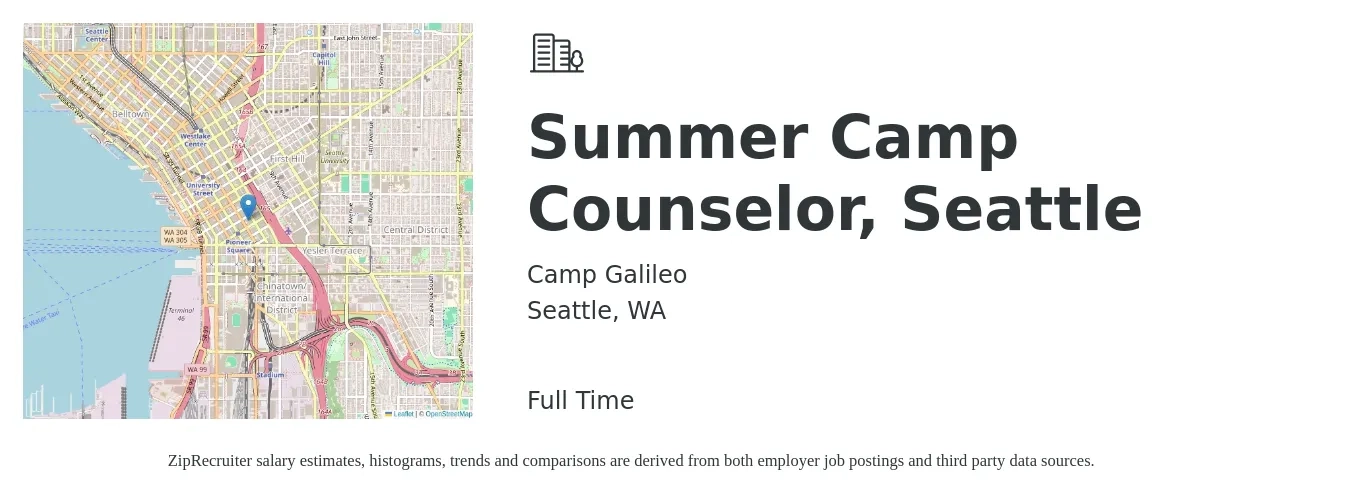 Camp Galileo job posting for a Summer Camp Counselor, Seattle in Seattle, WA with a salary of $16 to $21 Hourly with a map of Seattle location.