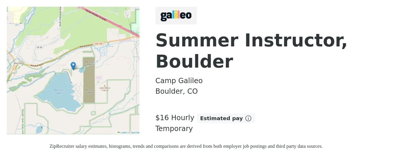 Camp Galileo job posting for a Summer Instructor, Boulder in Boulder, CO with a salary of $14 to $19 Hourly with a map of Boulder location.