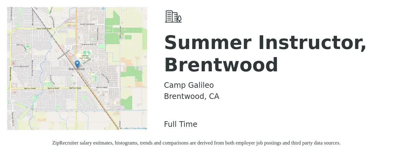 Camp Galileo job posting for a Summer Instructor, Brentwood in Brentwood, CA with a salary of $16 to $20 Hourly with a map of Brentwood location.