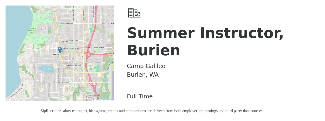 Camp Galileo job posting for a Summer Instructor, Burien in Burien, WA with a salary of $16 to $21 Hourly with a map of Burien location.