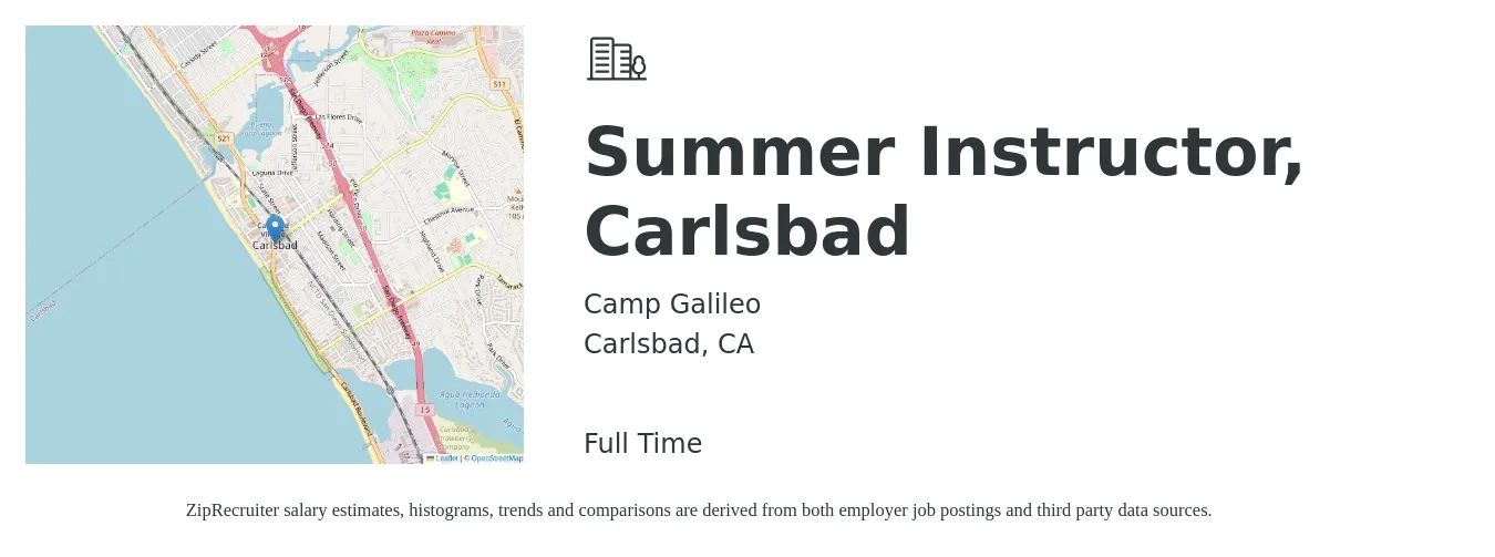 Camp Galileo job posting for a Summer Instructor, Carlsbad in Carlsbad, CA with a salary of $14 to $19 Hourly with a map of Carlsbad location.