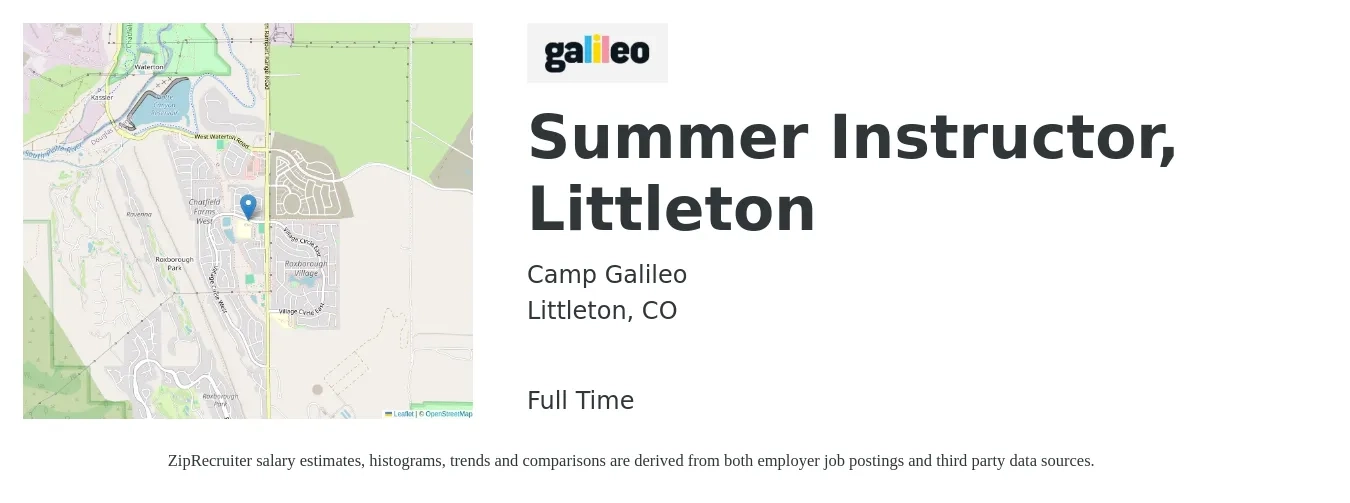 Camp Galileo job posting for a Summer Instructor, Littleton in Littleton, CO with a salary of $14 to $18 Hourly with a map of Littleton location.
