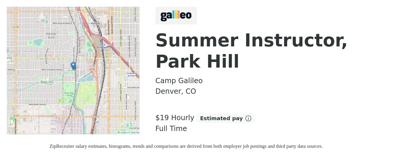 Camp Galileo job posting for a Summer Instructor, Park Hill in Denver, CO with a salary of $20 Hourly with a map of Denver location.