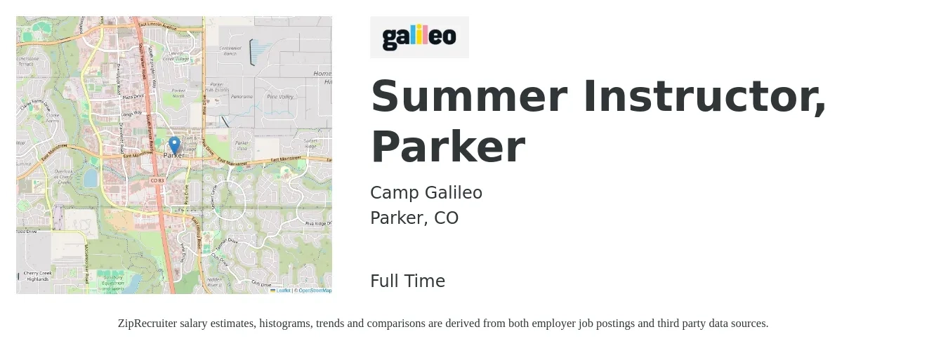 Camp Galileo job posting for a Summer Instructor, Parker in Parker, CO with a salary of $14 to $19 Hourly with a map of Parker location.