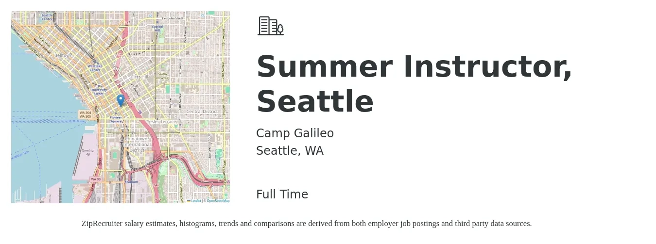 Camp Galileo job posting for a Summer Instructor, Seattle in Seattle, WA with a salary of $16 to $21 Hourly with a map of Seattle location.